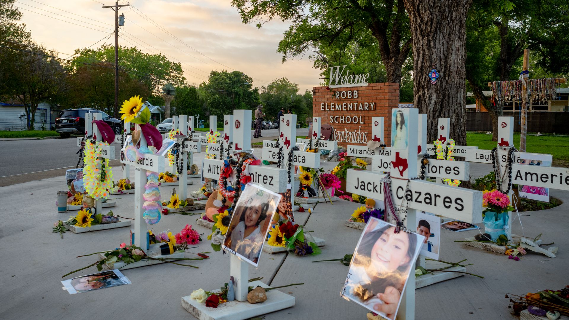  A memorial dedicated to the 19 children and two adults murdered on May 24, 2022 during the mass shooting at Robb Elementary School is seen on May 24, 2023 in Uvalde, Texas. Today marks the 1-year anniversary of the mass shooting at the school. 
