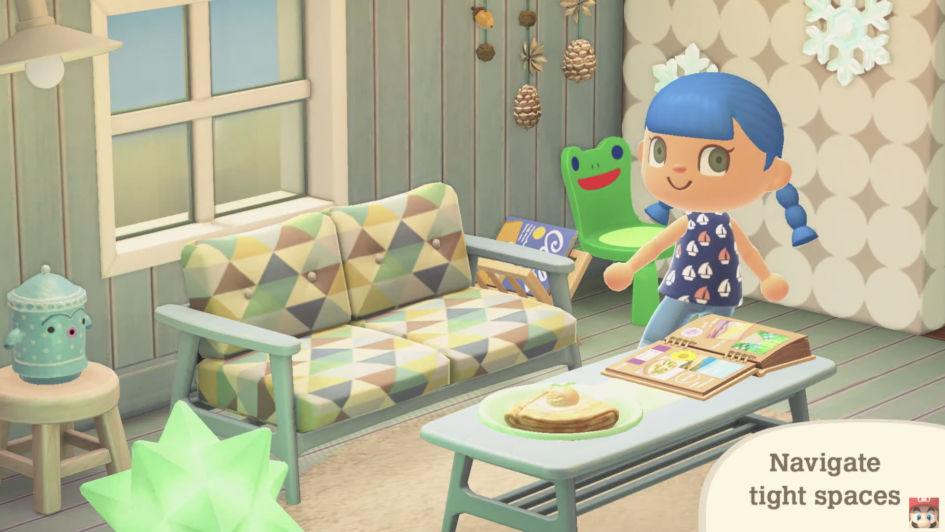 An Animal Crossing character walks past a green chair that sports the face of a frog