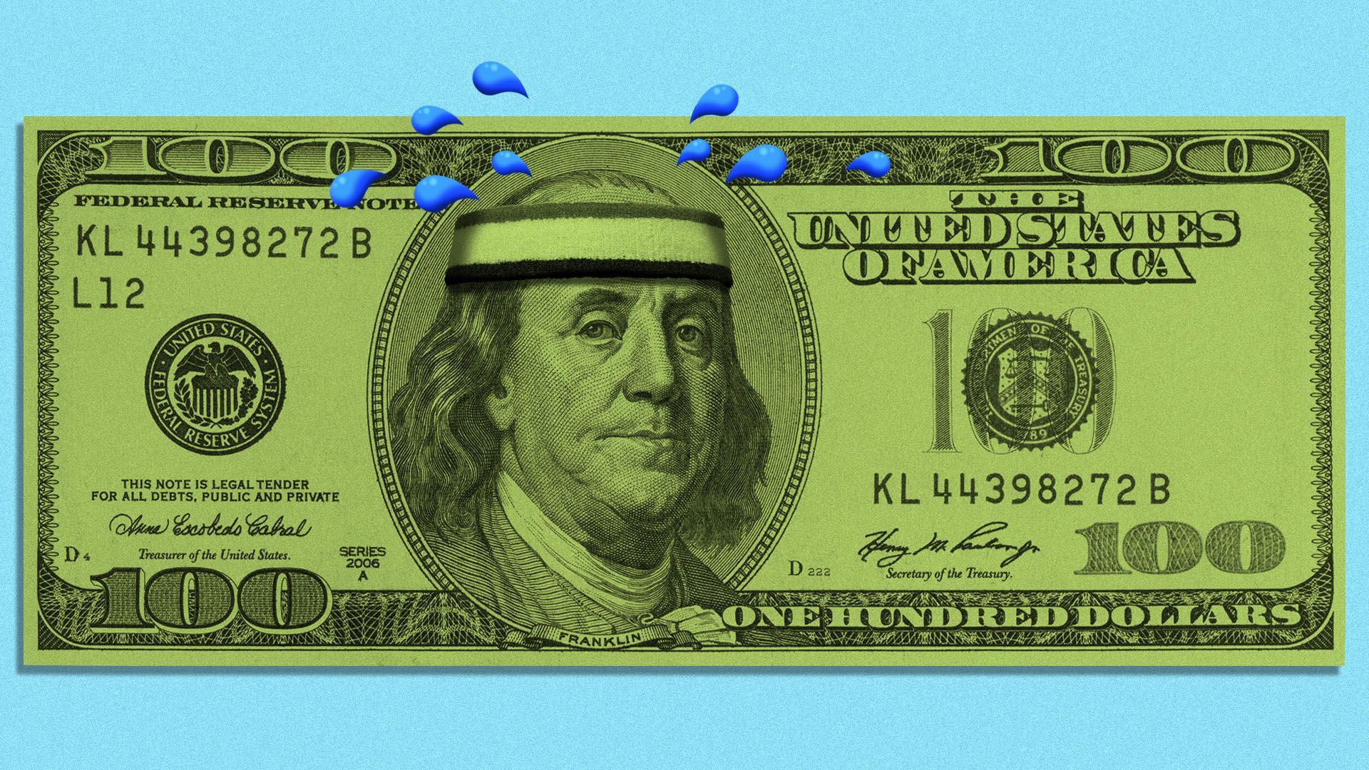 Illustration of a hundred dollar bill with Franklin sweating in wearing a sweatband
