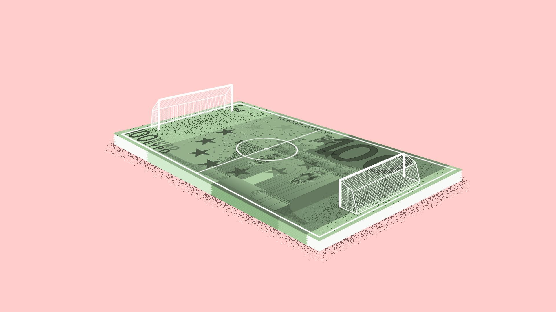 Illustration of a soccer pitch on top of a 100 Euro note