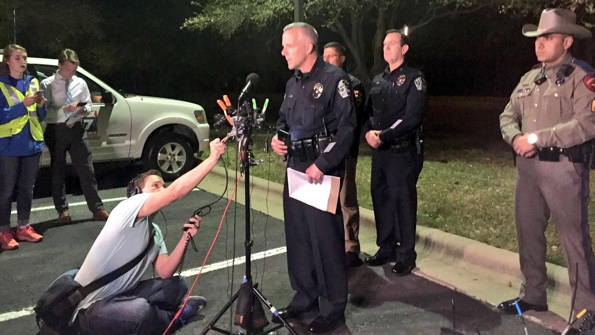Austin police chief Brian Manley preparing to speak to media.