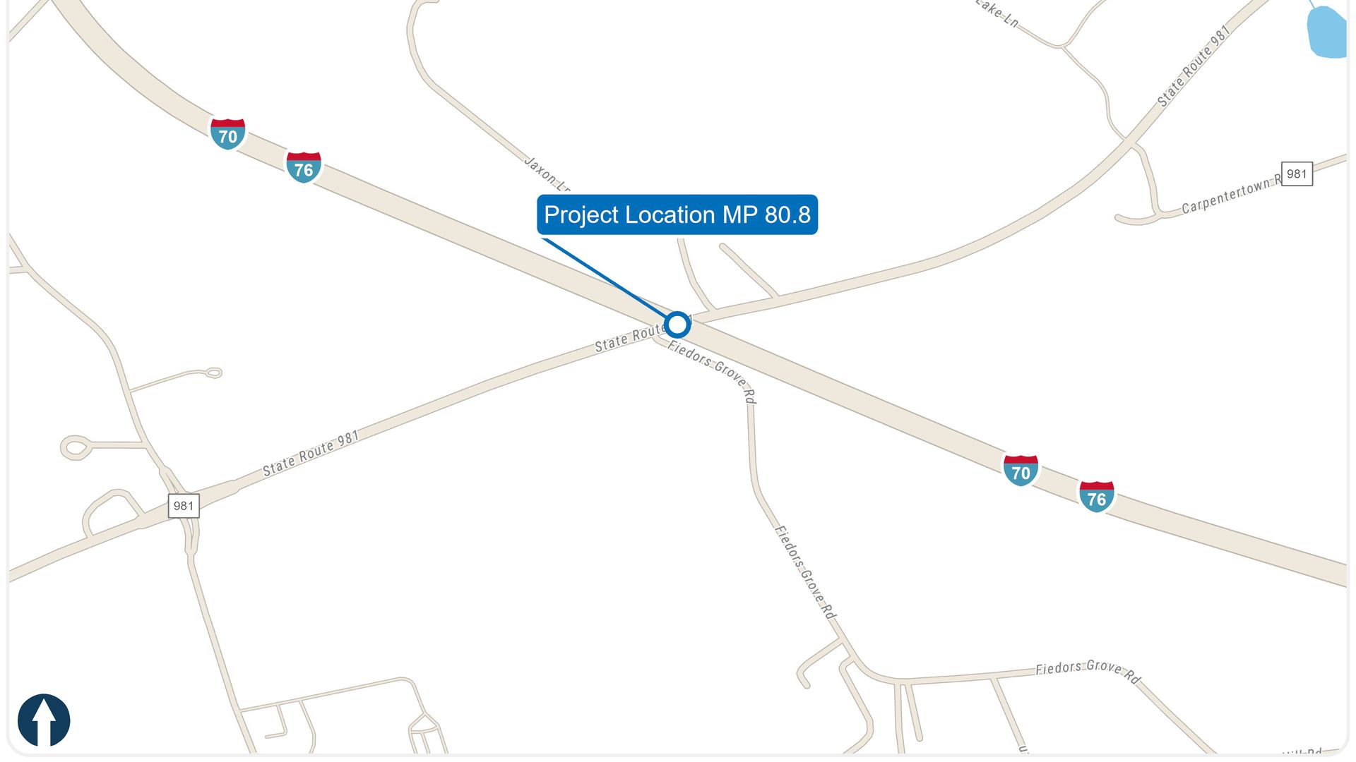 Map excerpt shows Project Location MP 80.8 along the I-70/I-76 corridor near Carpentertown, with a blue label and point marker at the State Route 981 Interchange.