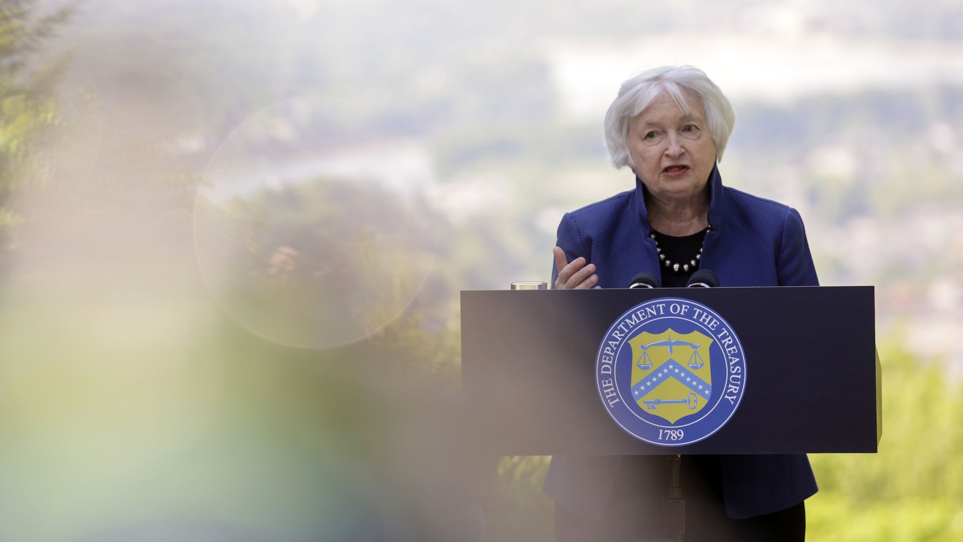 U.S. Treasury Secretary Janet Yellen speaking during a press conference in Germany on May 18.