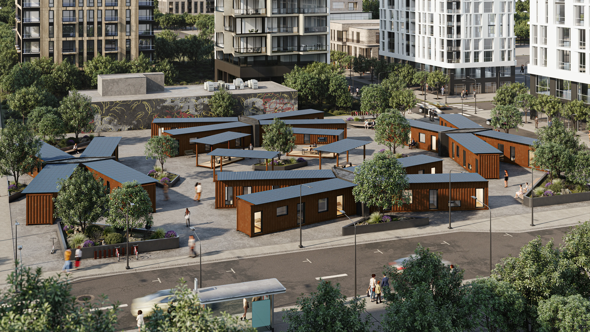 A rendering of shipping containers turned into homeless shelters.