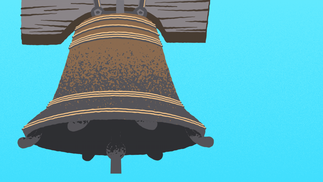 Illustration of the Liberty Bell getting a crack in the shape of a checkmark.