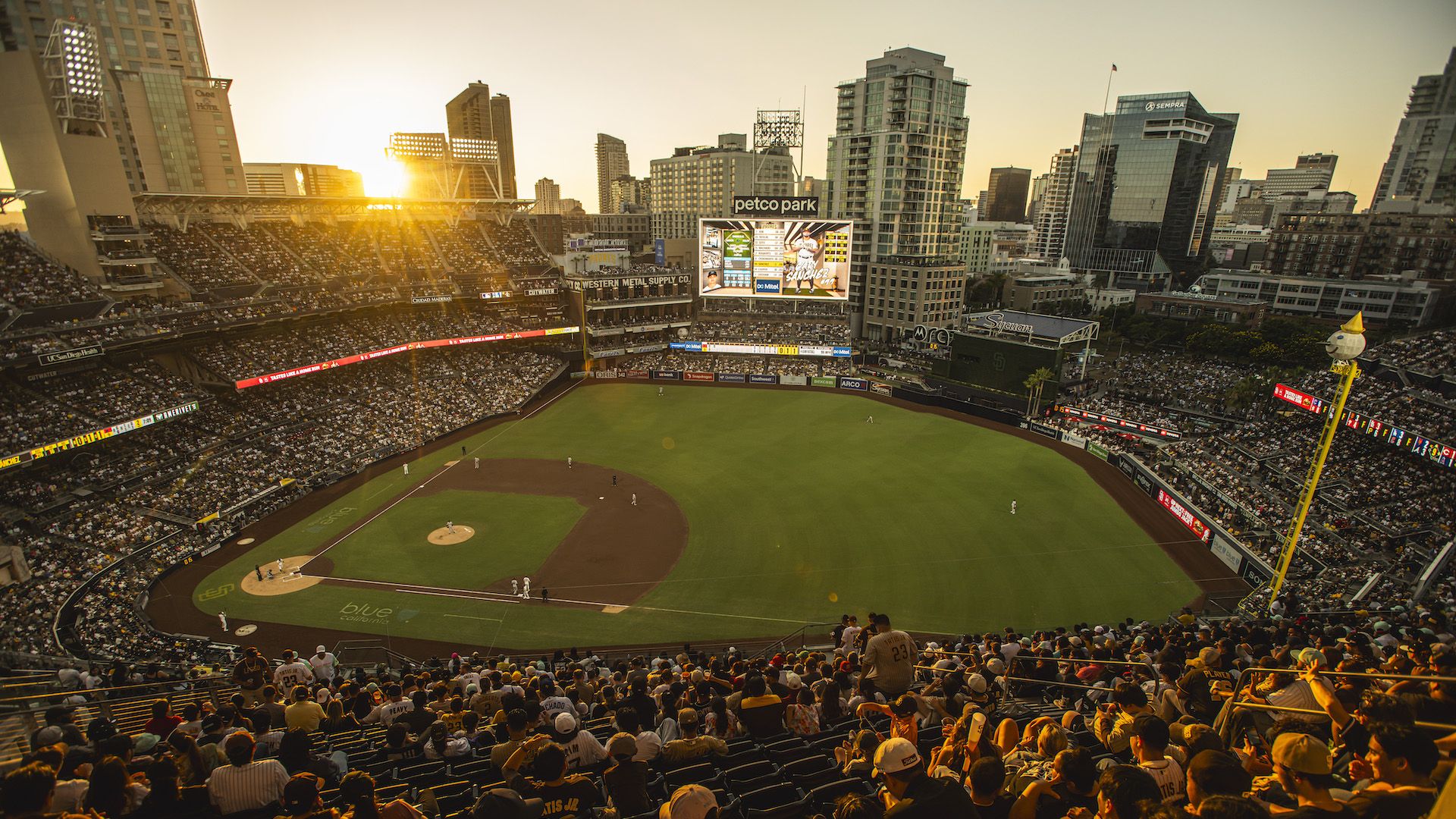 An aerial view of Petco Park at sunset.