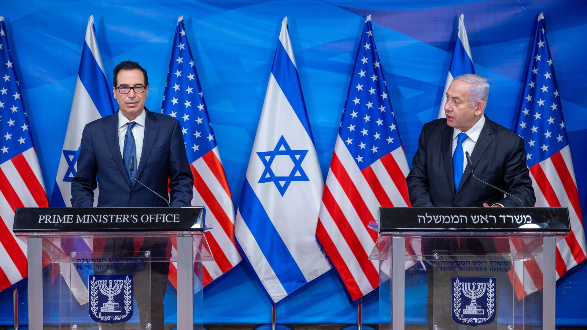 Then-Treasury Secretary Stephen Mnuchin is seen with Israeli Prime Minister Benjamin Netanyahu in Jerusalem.