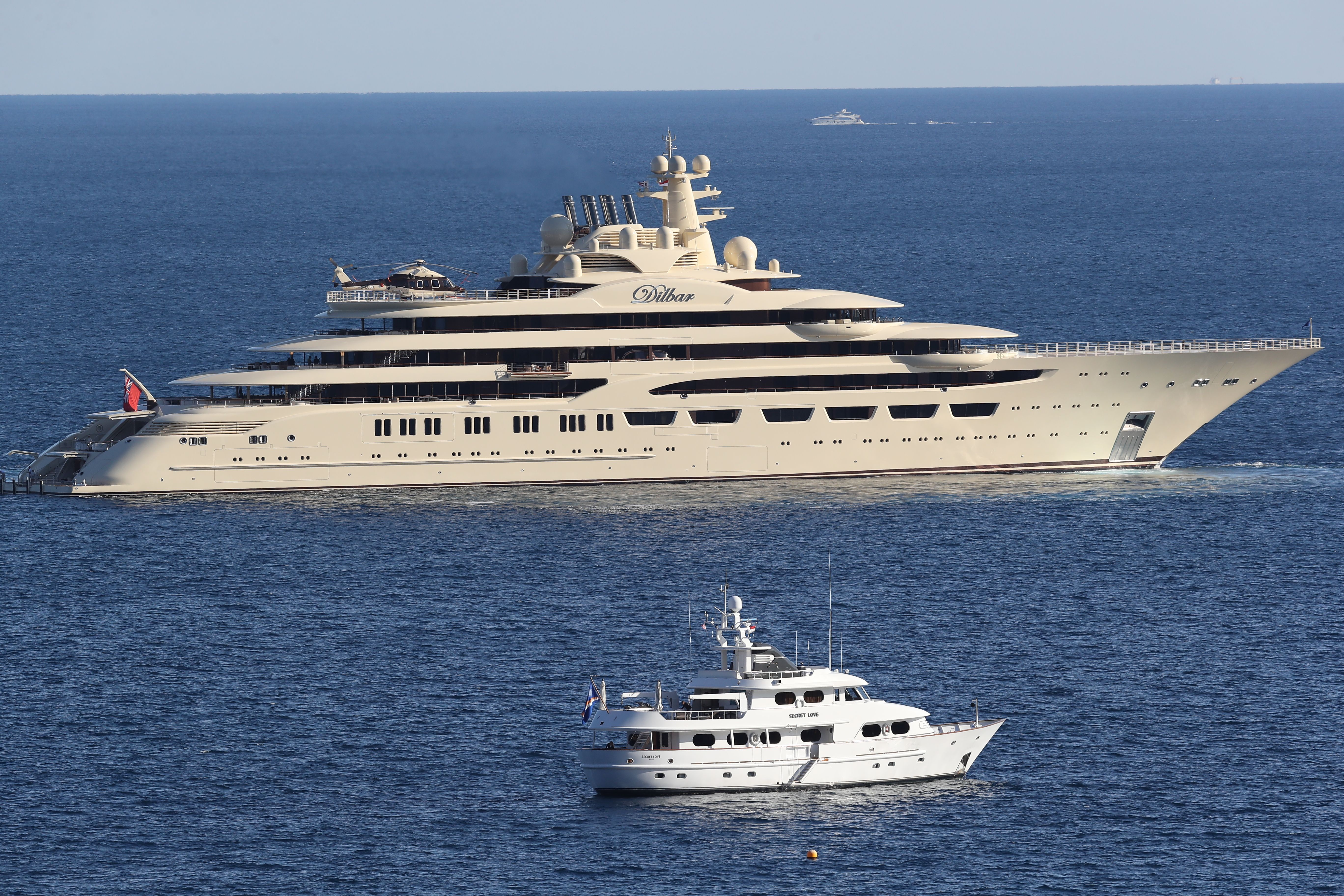 Yacht The Dilbar owned by Alisher Usmanov sails by the Monte Carlo Country Club on day five of the Monte Carlo Rolex Masters at Monte-Carlo Sporting Club on April 20, 2017 in Monte-Carlo, Monaco. 