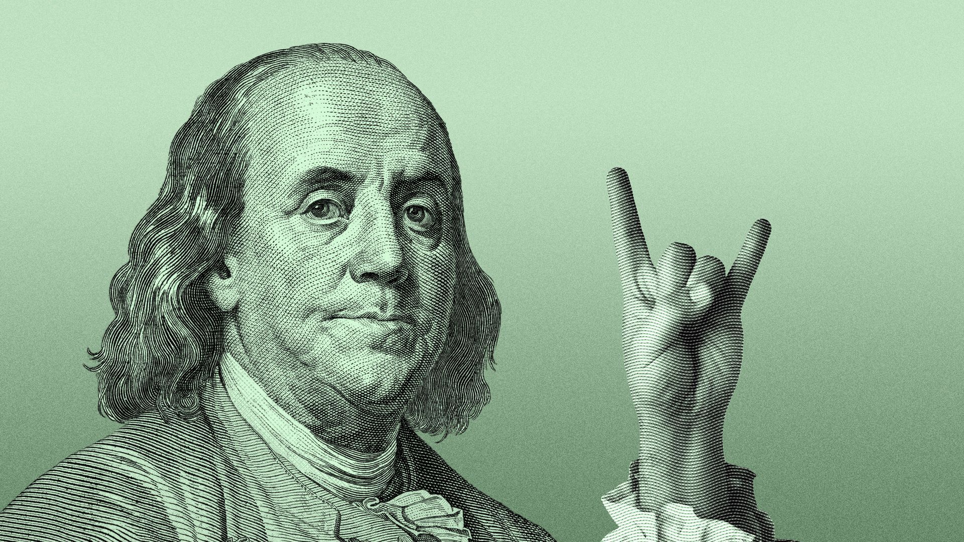 Illustration of Ben Franklin making the hardcore hand symbol. 