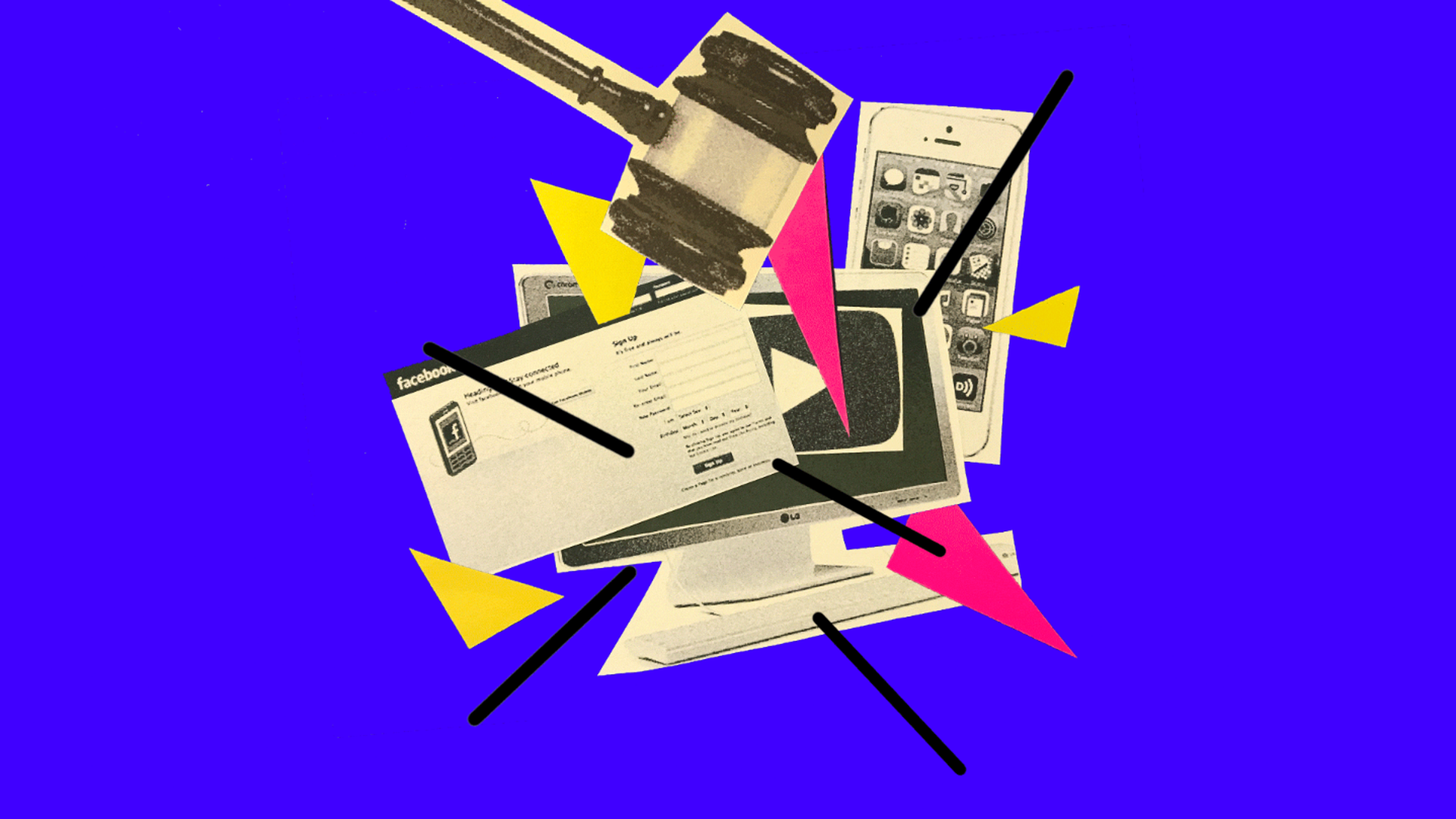 Illustration of the legal hammer pounding a pile of computers