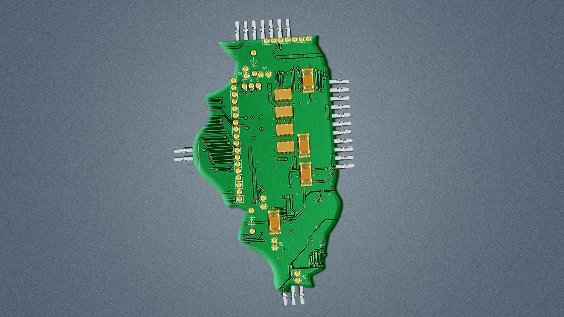 Illustration of the state of Illinois stylized as a semiconductor. 