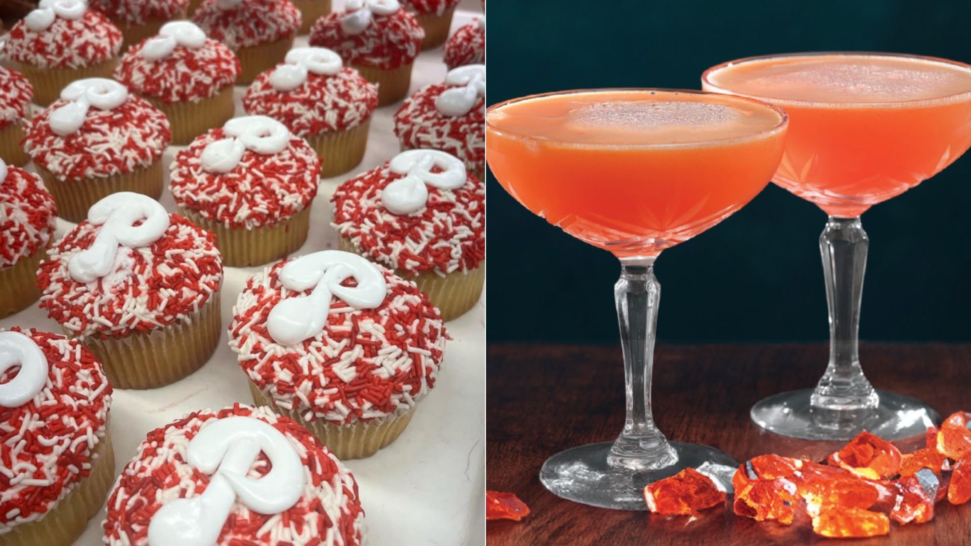Side-by-side images of a Phillies cupcake with the iconic "P" in icing and two coups filled with a Red October-tini 