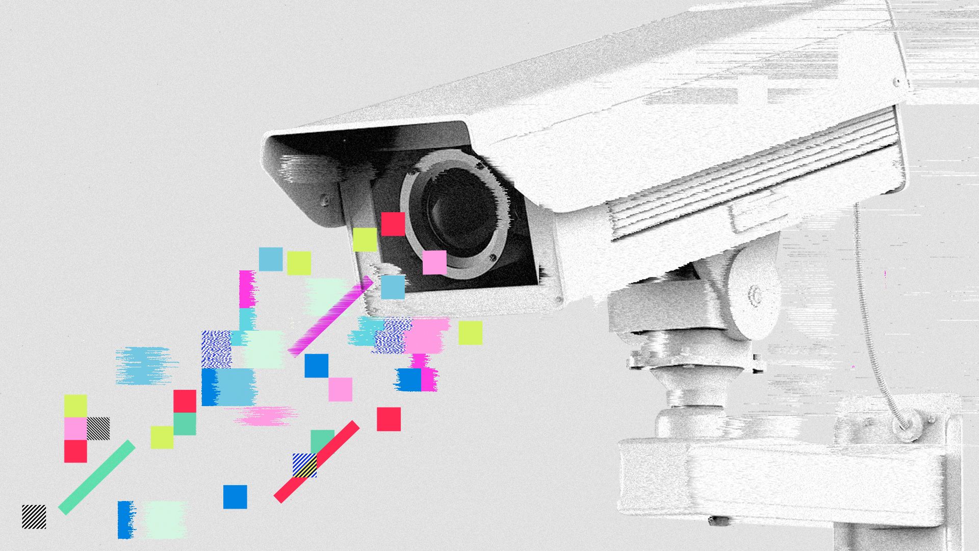 Illustration of a security camera interrupted by cubes and glitches