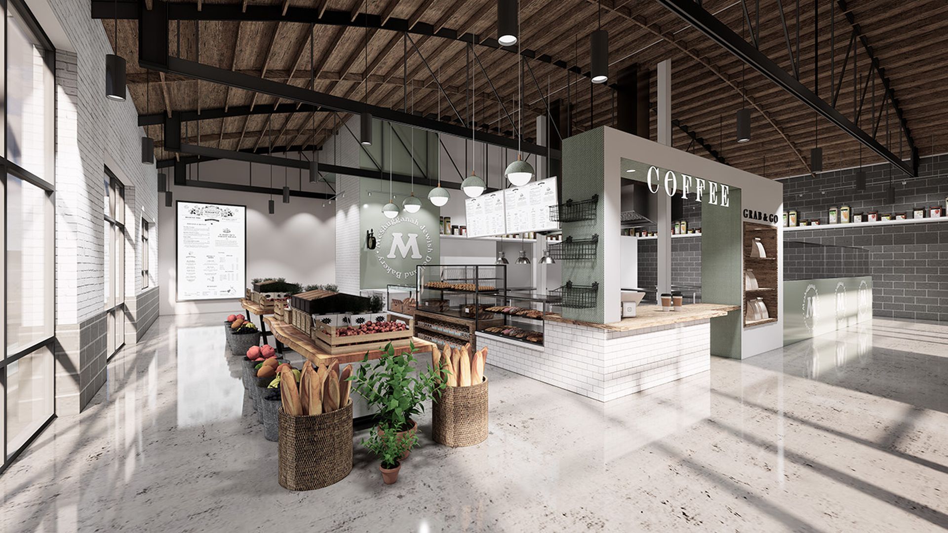 inside a bright coffee shop that's open and airy with white floors and counters