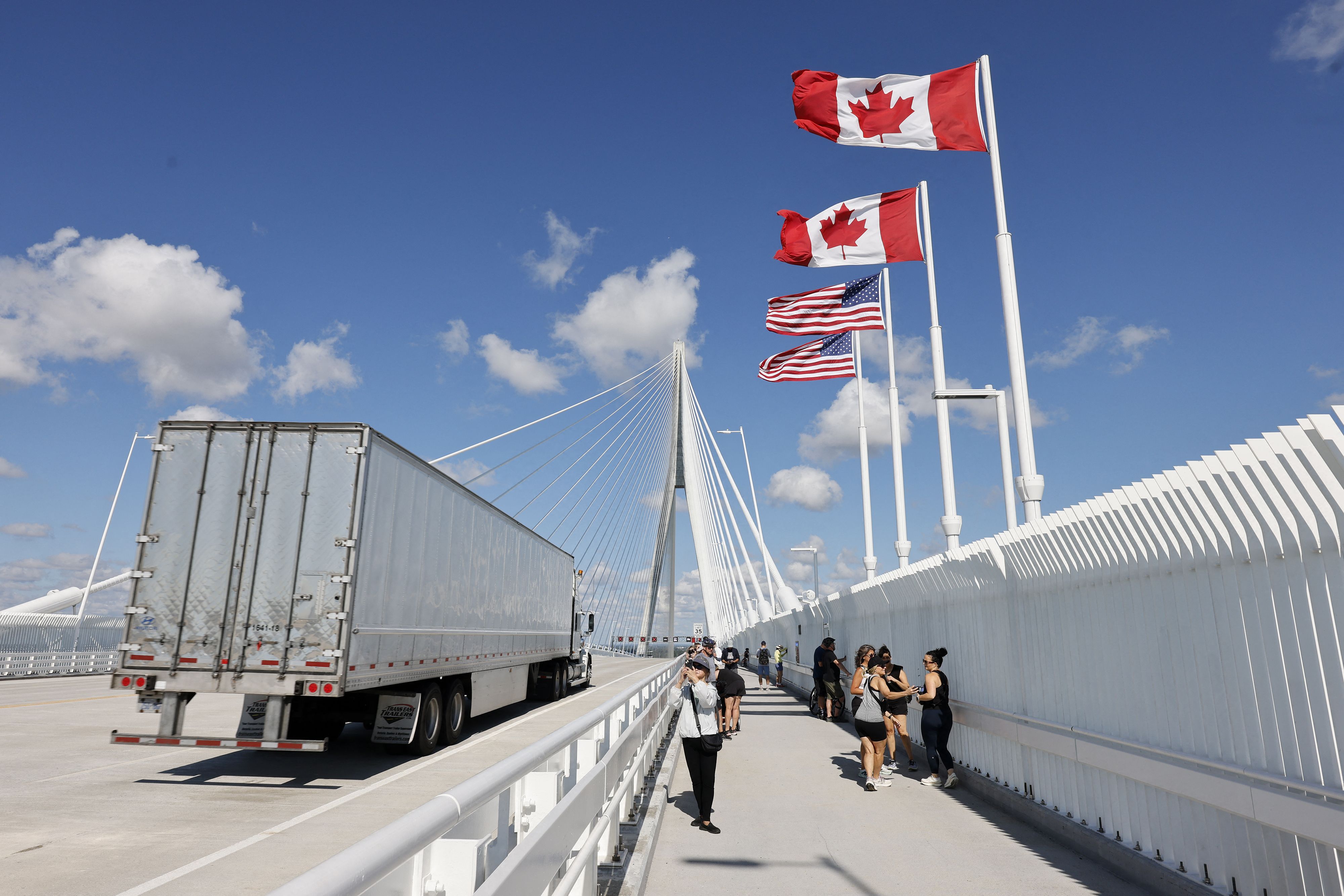 A truck crosses into the U.S. on the new Gordie Howe International Bridge connecting Detroit and Windsor, Ontario.