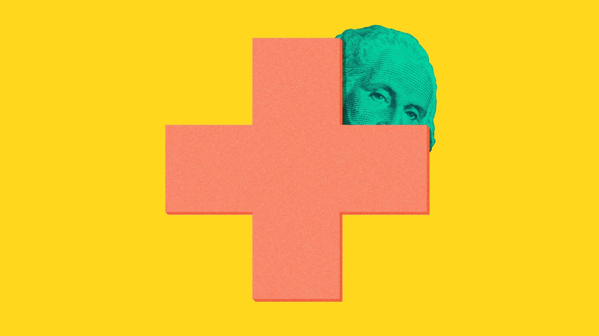 Illustration of George Washington peeking out from behind a red cross.