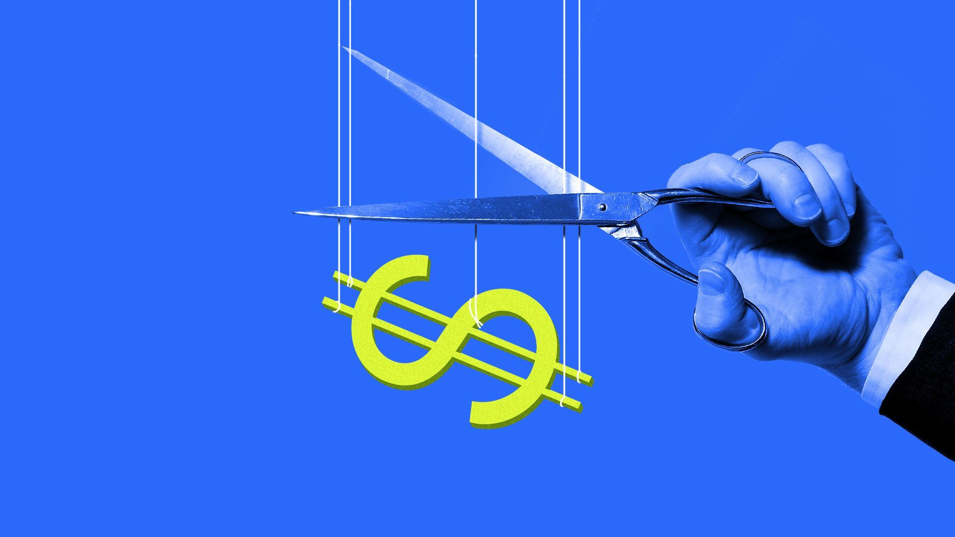 Illustration of a dollar sign with strings attached to it possibly about to get cut by a hand with scissors.
