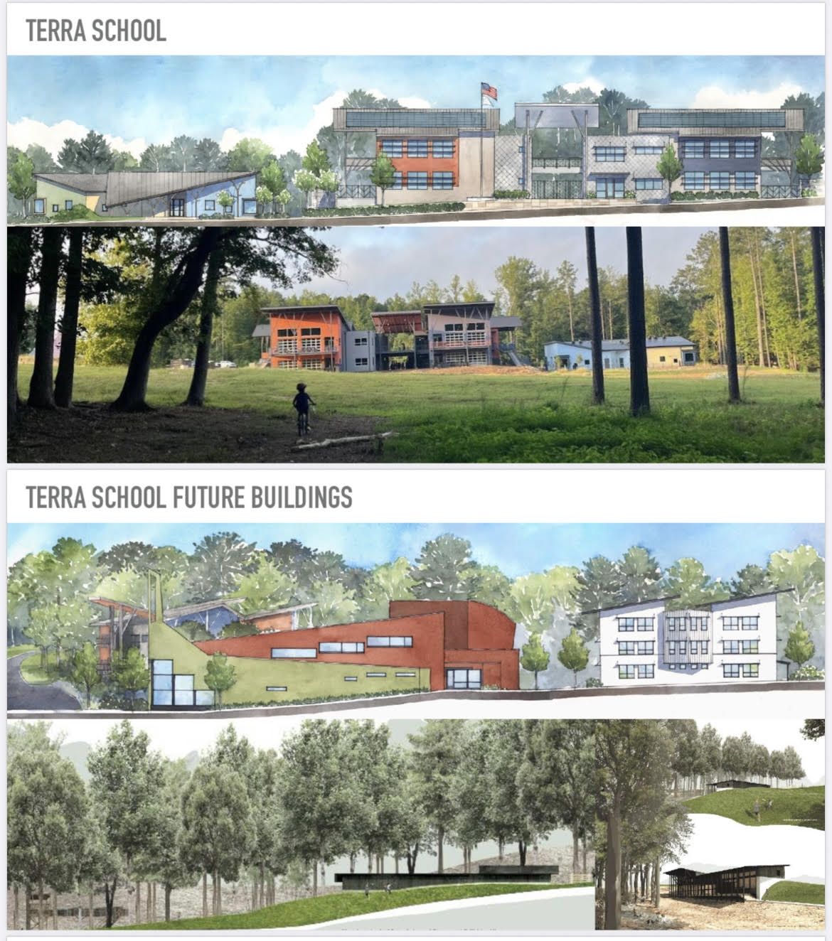 Renderings showing a proposed addition to a school built in a field among the woods 