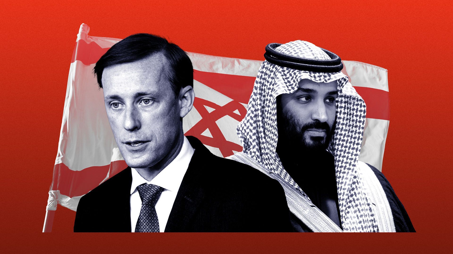 Photo illustration of Jake Sullivan and Prince Mohammed bin Salman Al Saud with an Israeli flag behind them
