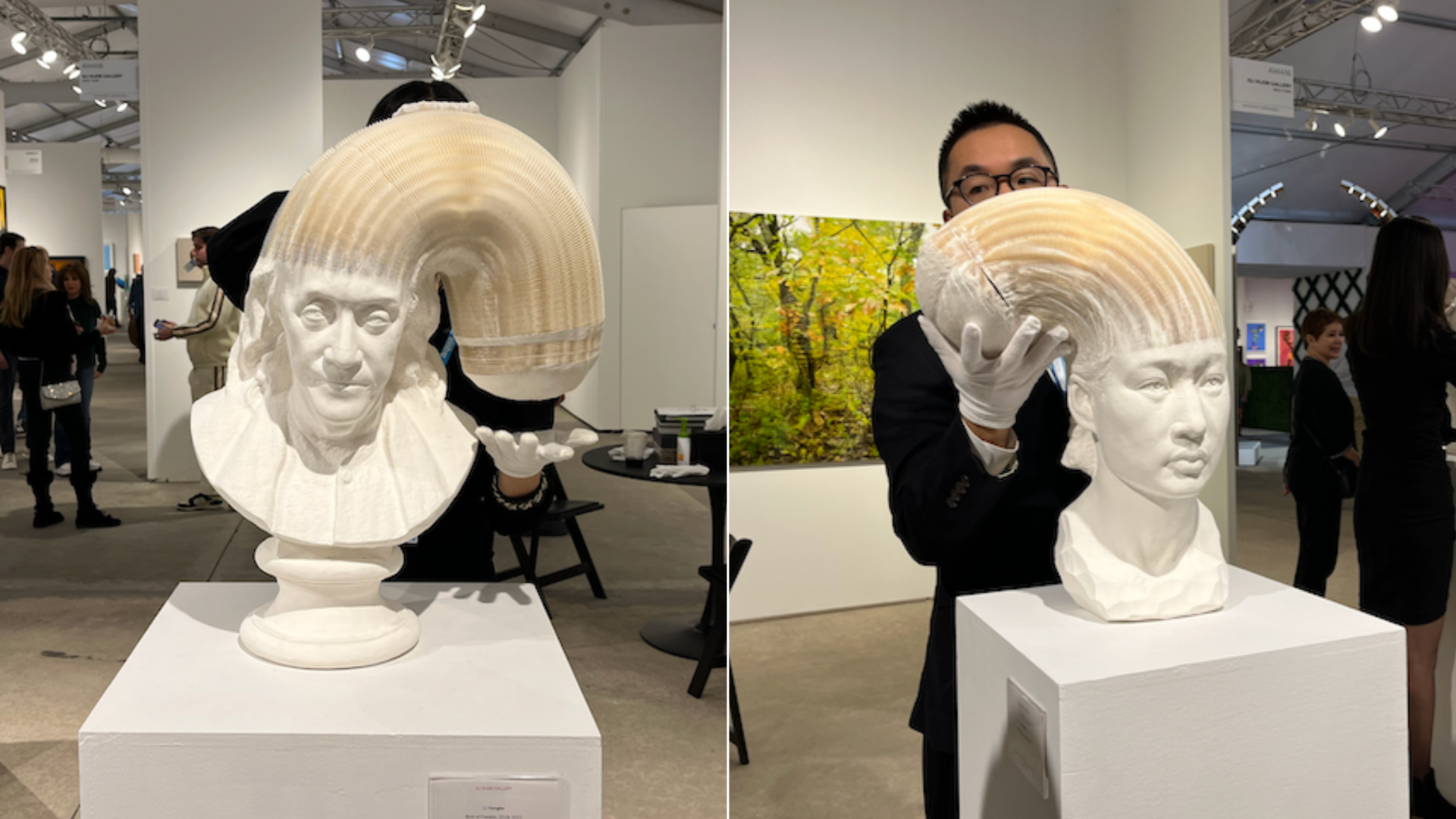 A pair of flexible, paper sculptures. "Bust of Ben Franklin"  and "Portrait of a Woman" by Li Hongbo.