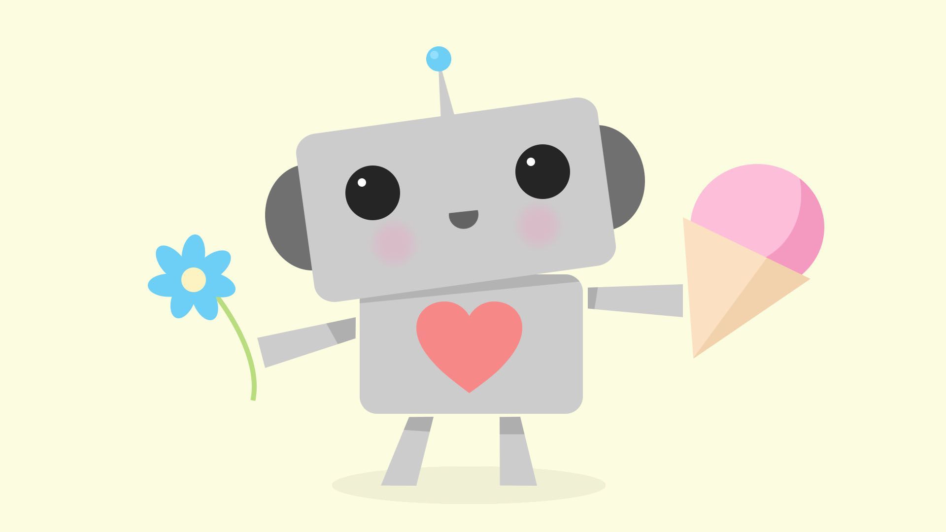 Illustration of a friendly robot bearing flowers and an ice cream cone. 