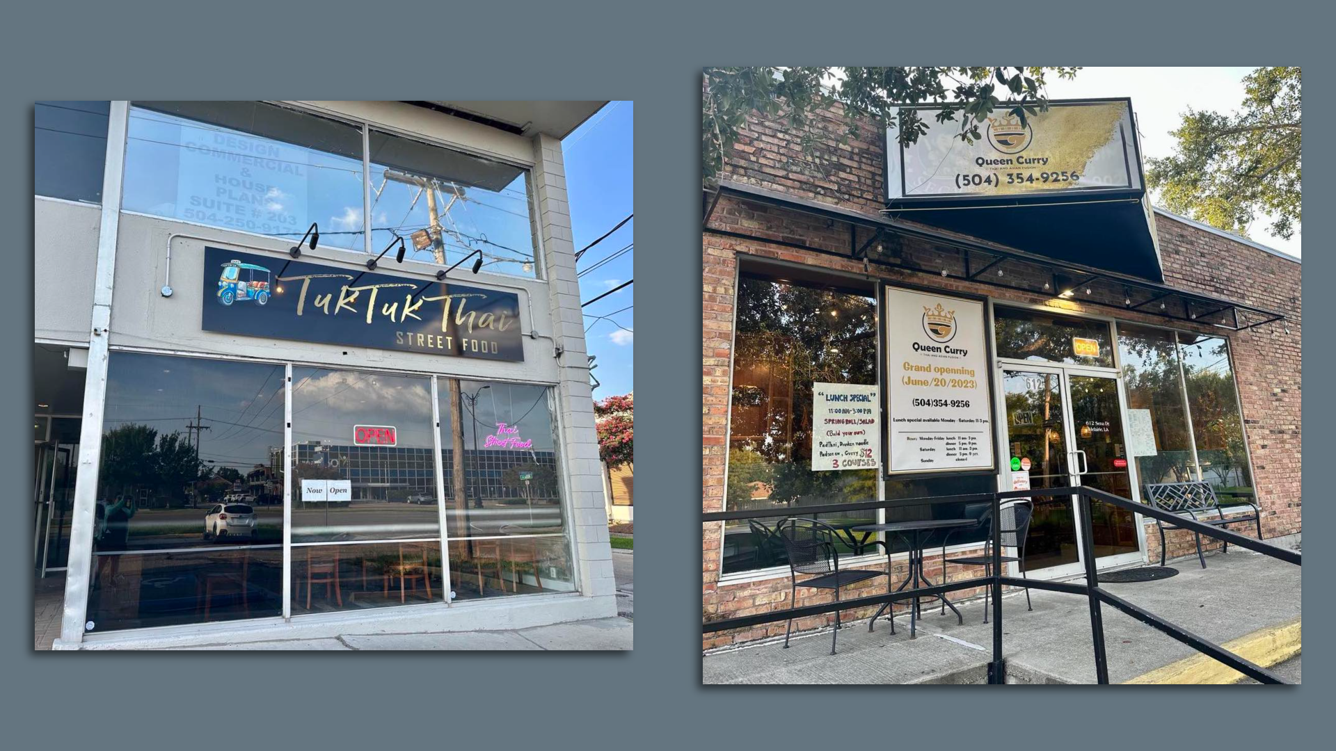 Photo shows the exterior of two restaurants