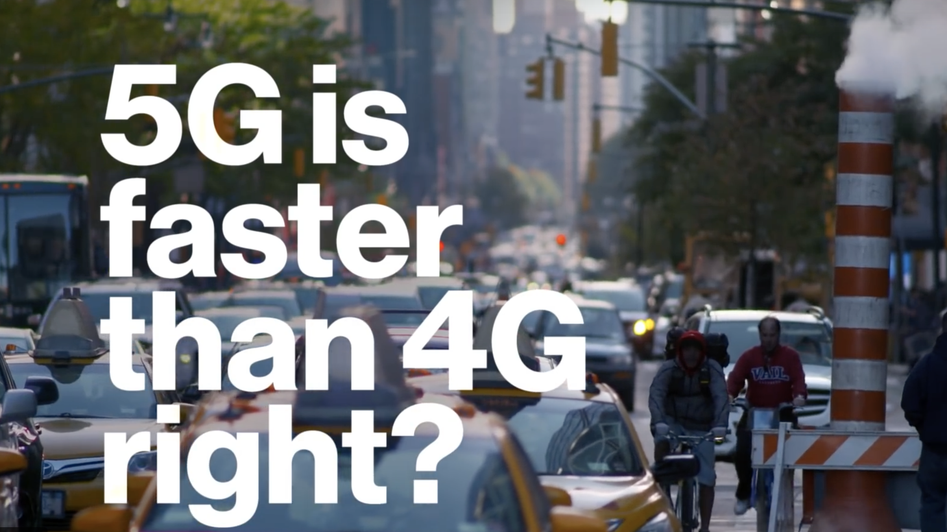 A screenshot from an ad that says 5G is faster than 4G.