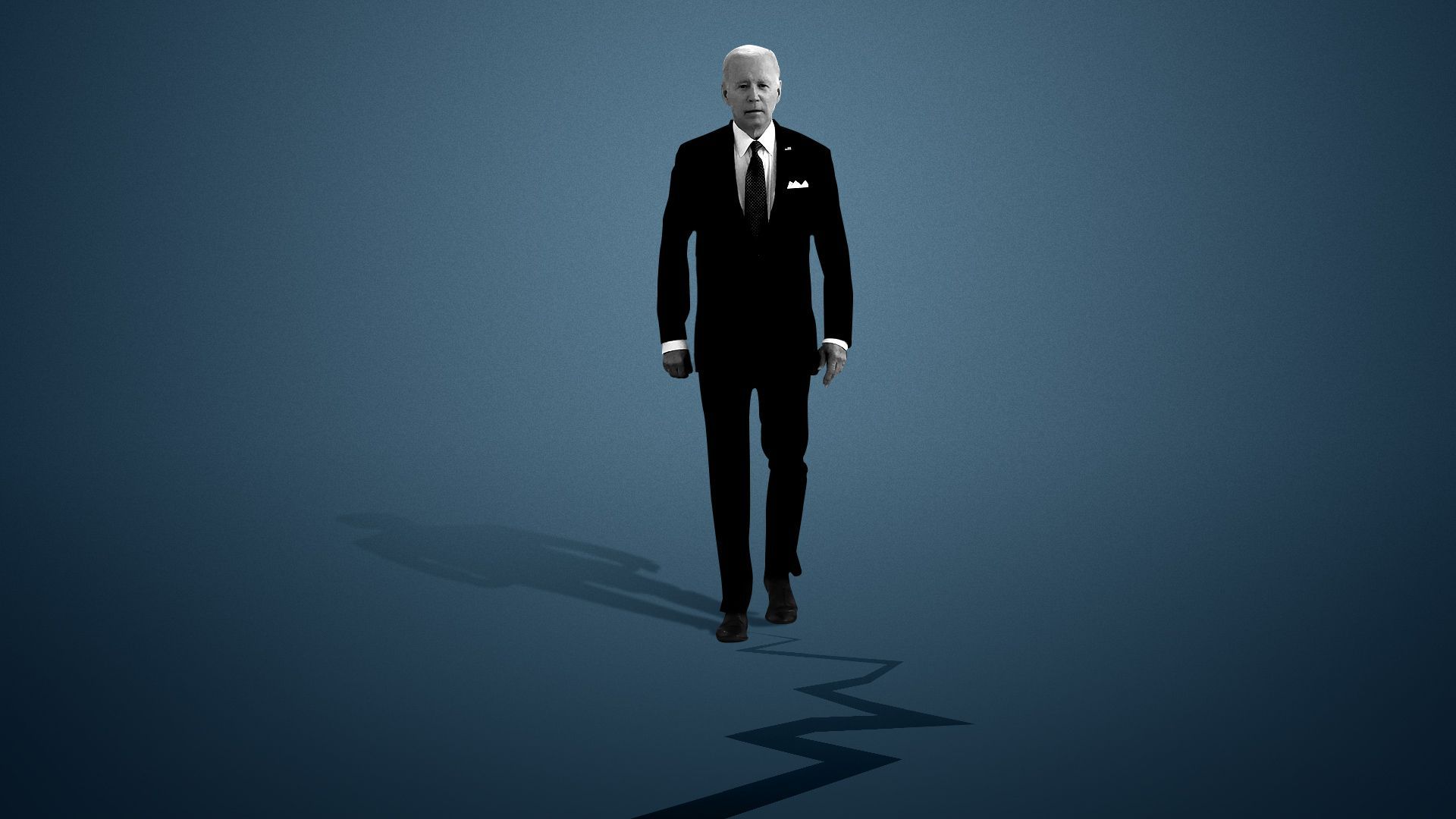 Photo illustration of President Biden standing on ground that is cracking down the middle. 
