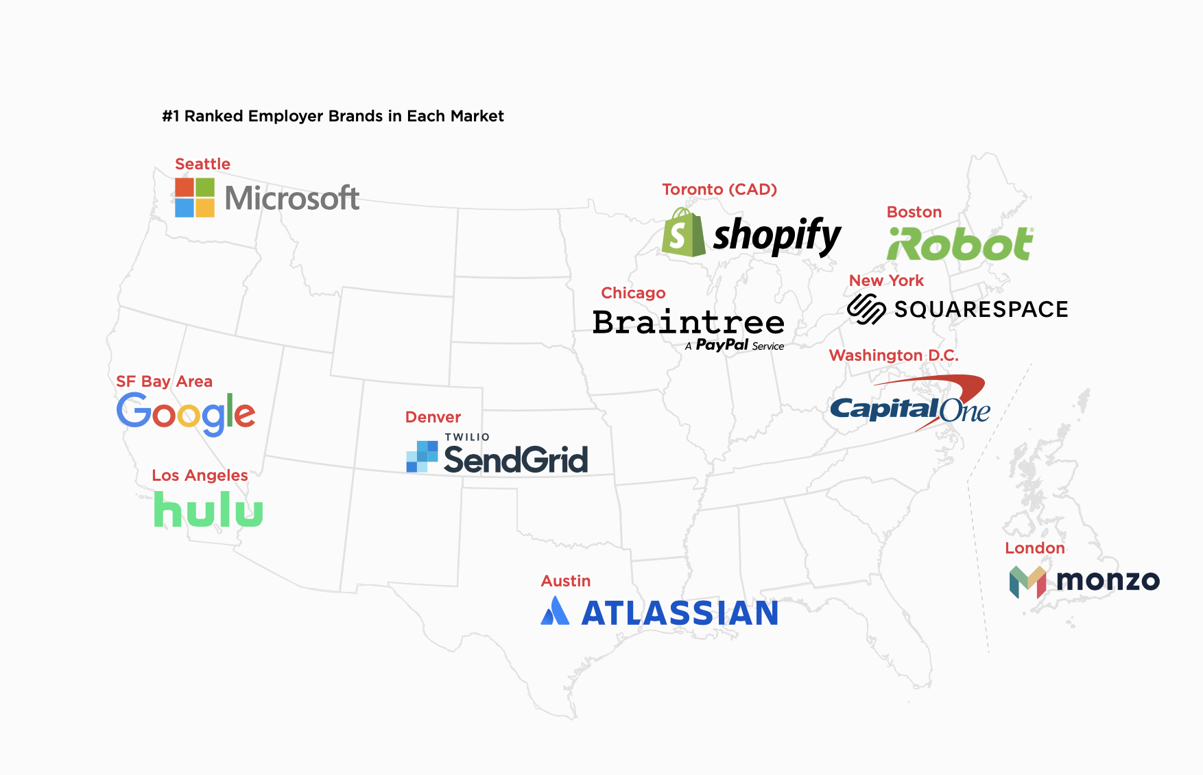 A map of the US (and London) showing the top tech brand in each major region
