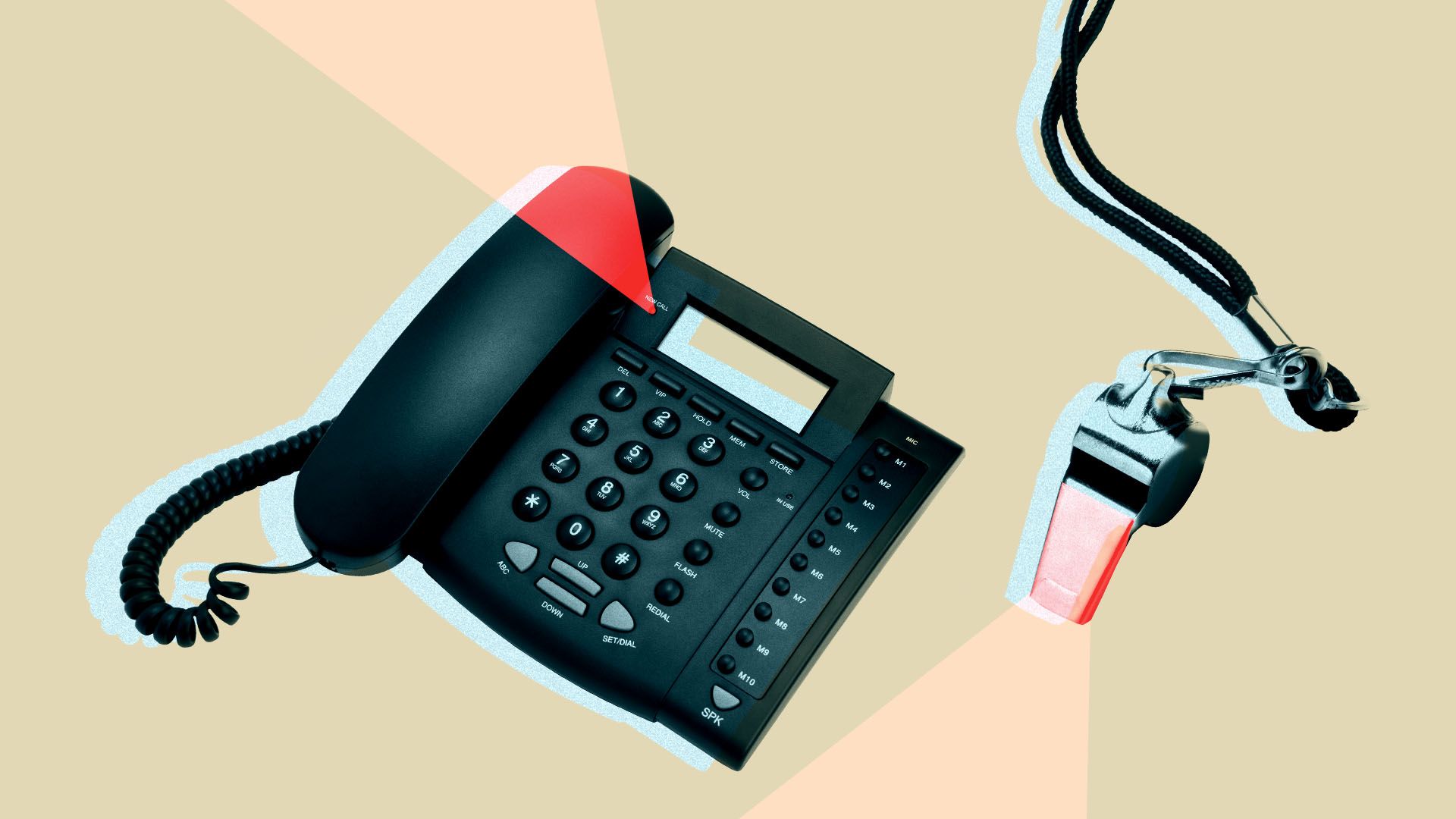 Illustration of a corded telephone and a whistle with red highlights.