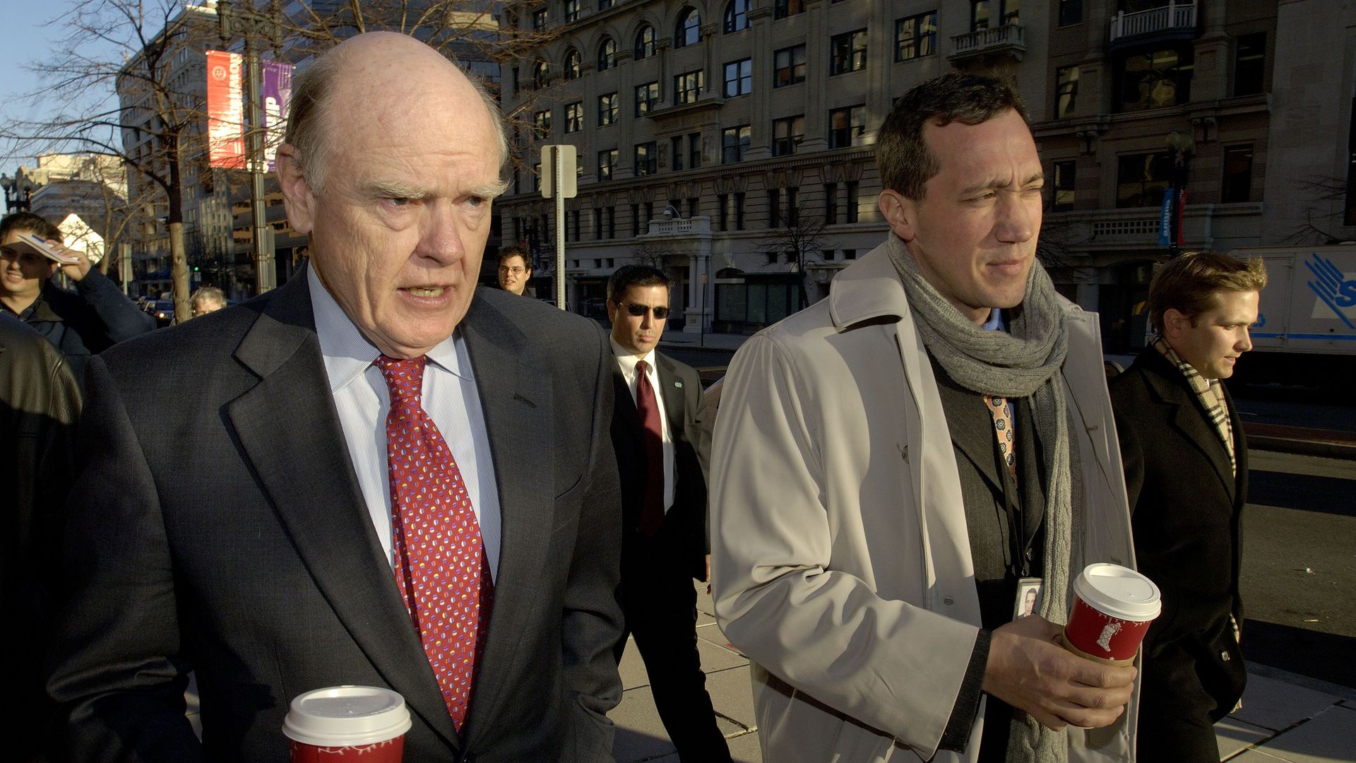 Treasury Secretary John W. Snow, left, talks to President Bush's nominee for Assistant Secretary for Public Affairs of the U.S. Treasury Department, Tony Fratto