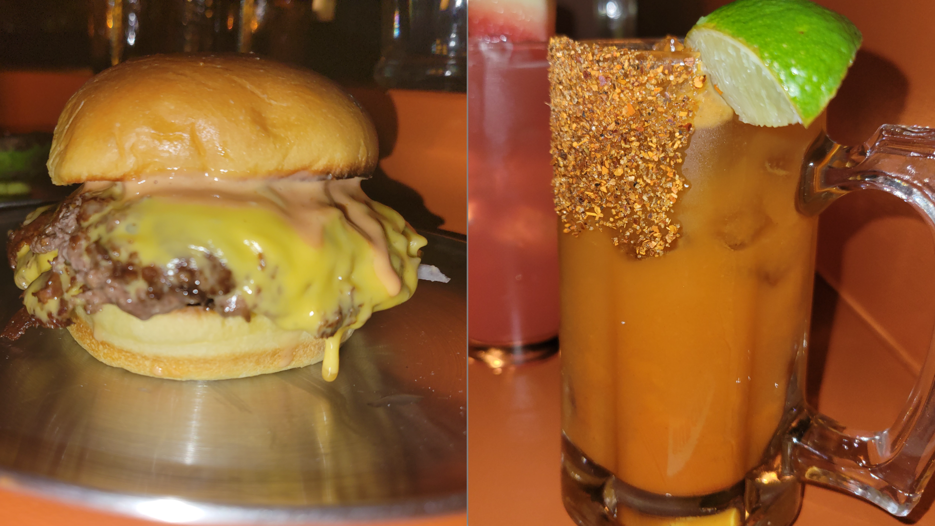 The burger and Mango Punch Michelada at Two Robbers in Fishtown.