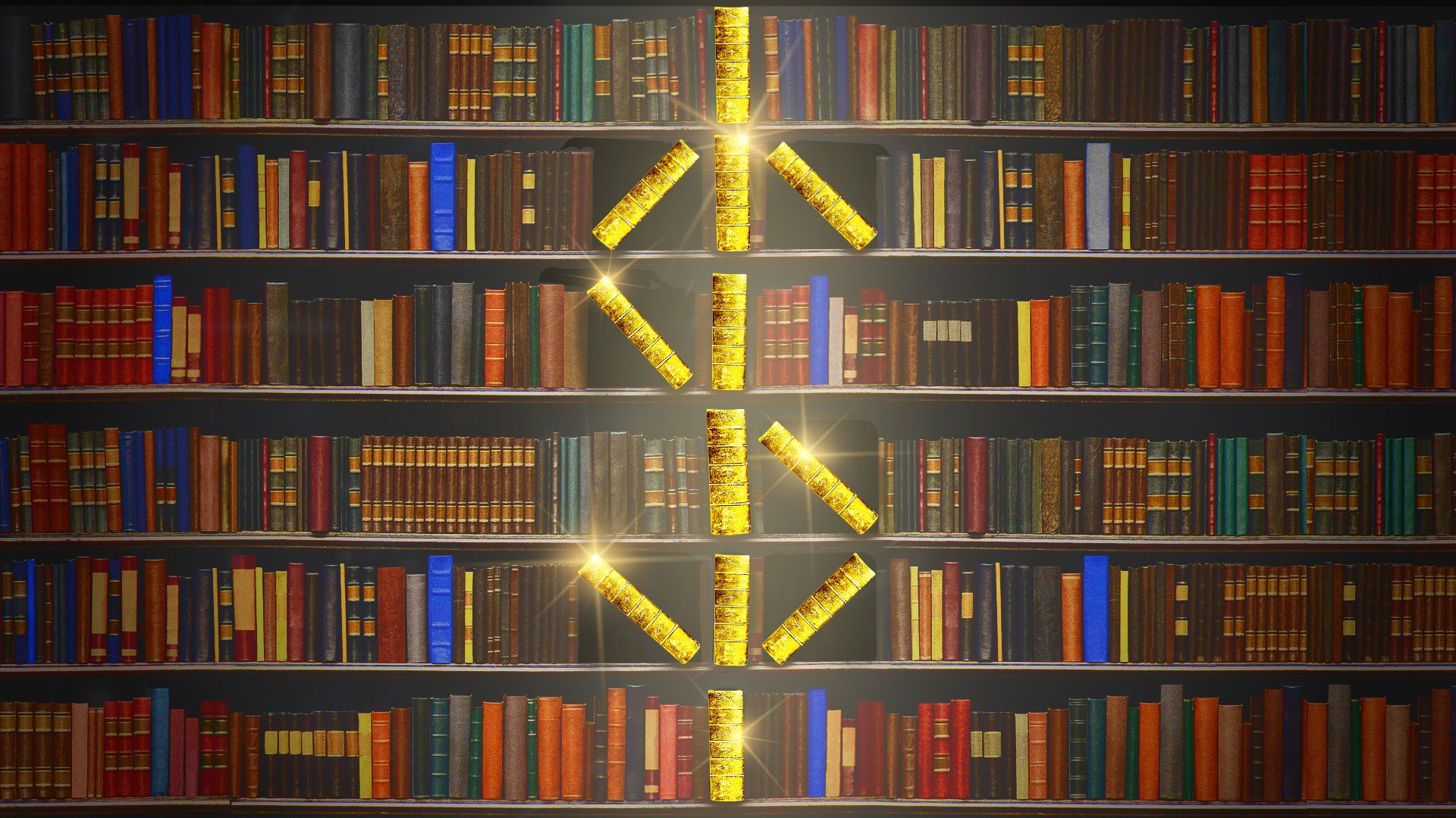 Illustration of a wall of book shelves with gold books aligned in a dollar sign.
