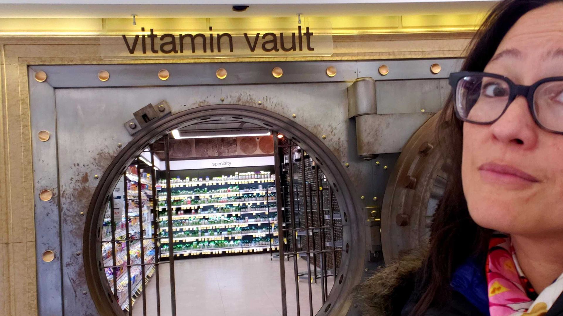 Photo of a room called the "vitamin vault" at a drug store. 