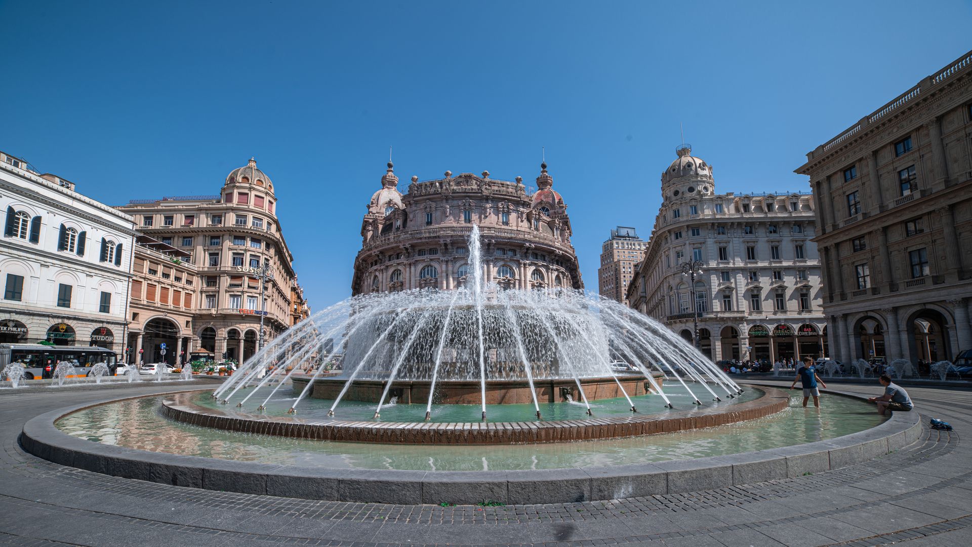 The fountain at Piazza de Ferrari square in Italy.