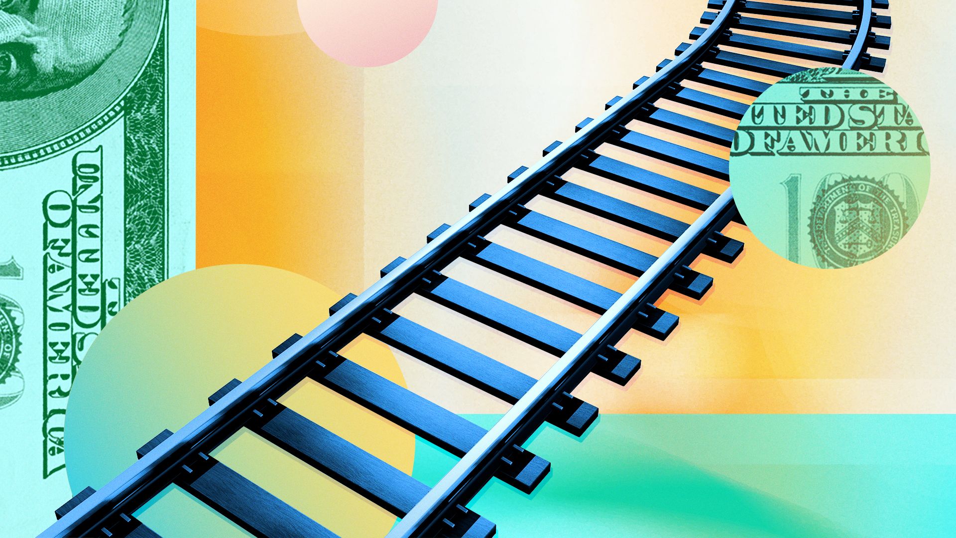 Illustration of a collage of money, abstract shapes, and railroad tracks.