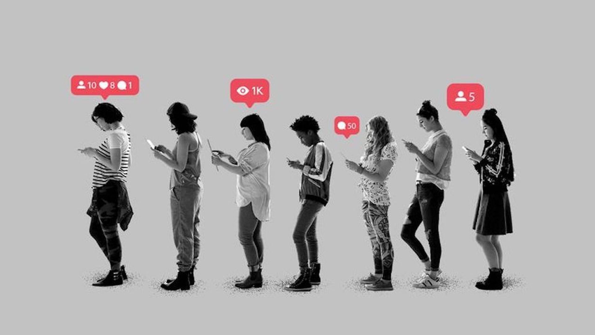 Illustration of a line of people all looking at cell phones or tablets, with like, comment, and social icons above their heads.