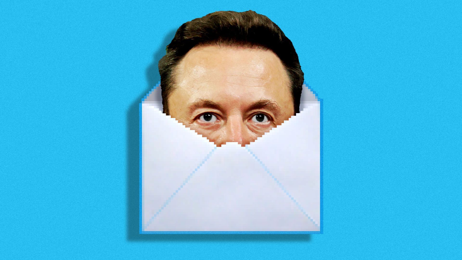 Photo illustration of Elon Musk peeking out of a digital email envelope