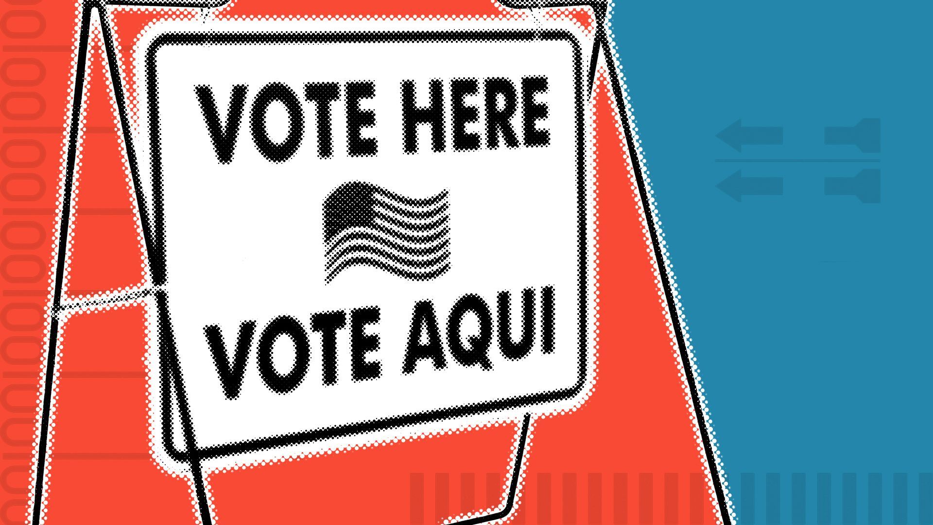 Illustration of a sign that reads "Vote Here, Vote Aqui" surrounded by ballot elements.