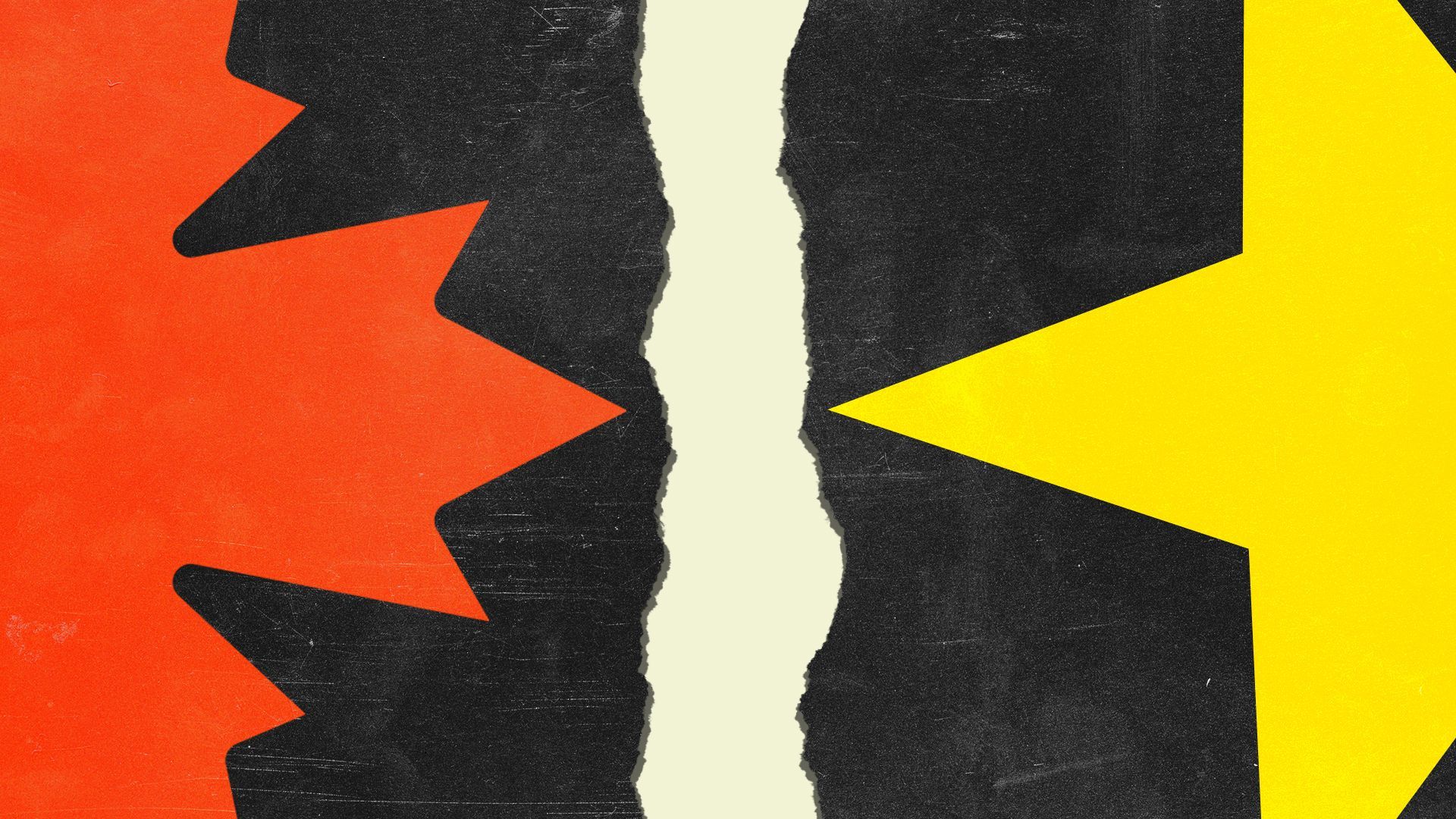 Illustration of the maple leaf from the Canadian flag and a yellow star from the Chinese flag almost touching, with ripped paper separating the two symbols.