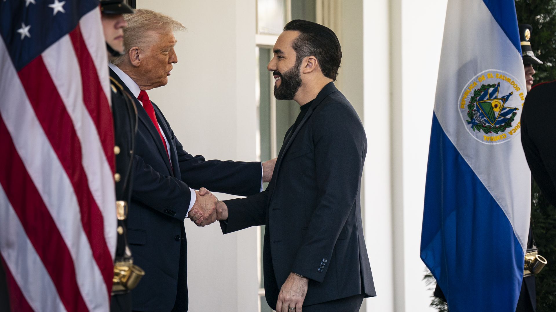US President Donald Trump greets Nayib Bukele, El Salvador's president, as he arrives at the West Wing of the White House in Washington, DC, US, on Monday, April 14, 2025. (Photo by Al Drago for The Washington Post via Getty Images)