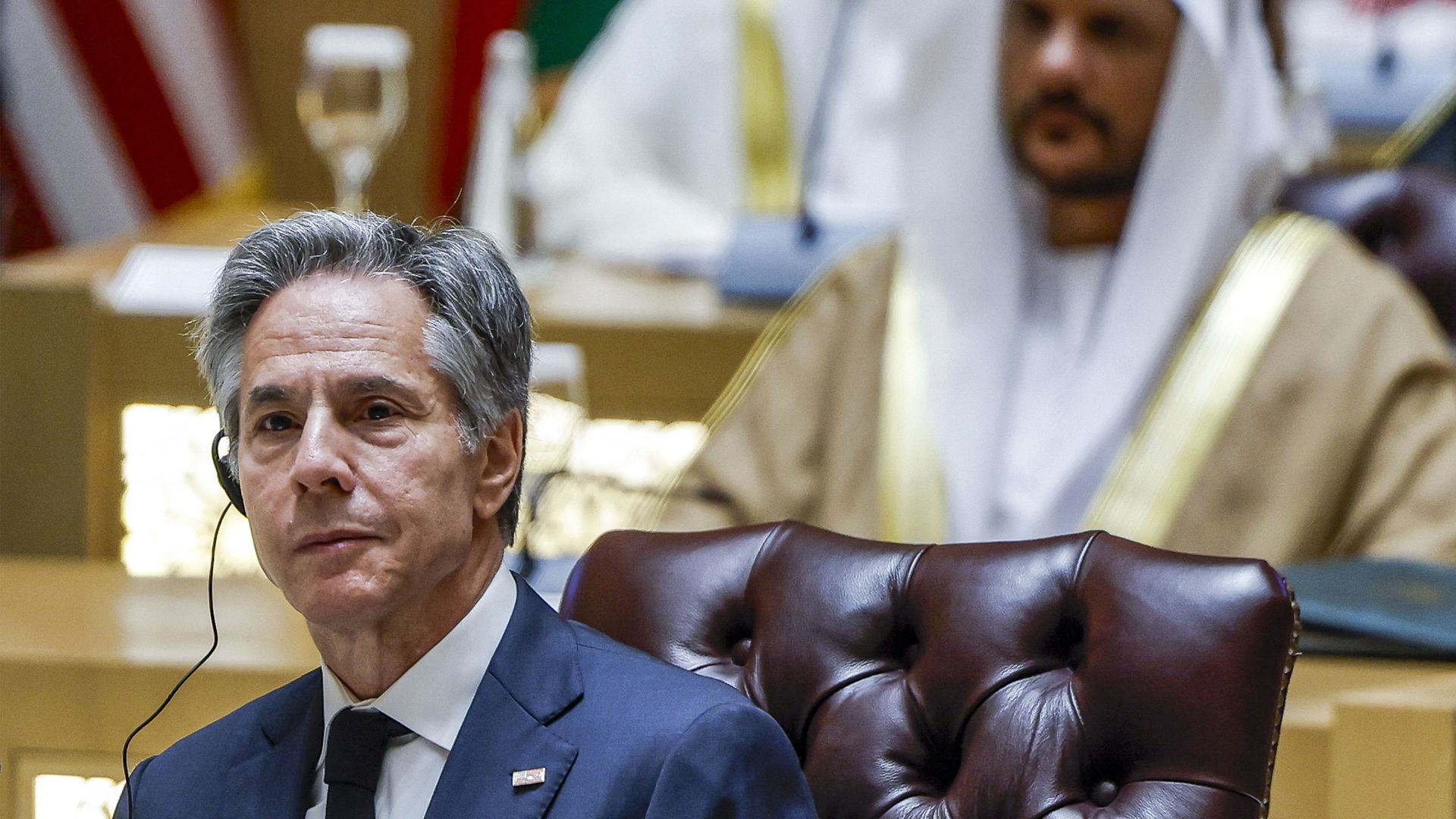 Antony Blinken attends a Joint Ministerial Meeting of the Gulf Cooperation Council (GCC)-US Strategic Partnership discussing the humanitarian situation in Gaza, at the Gulf Cooperation Council (GCC) Secretariat in Riyadh on April 29,