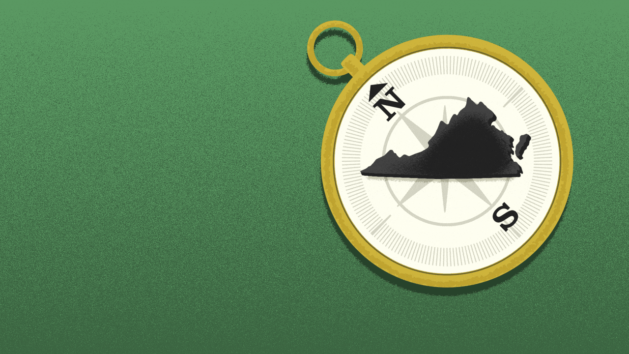 Animated illustration of a compass with a pointer in the shape of the state of Virginia, and the pointer moving back between North and South.