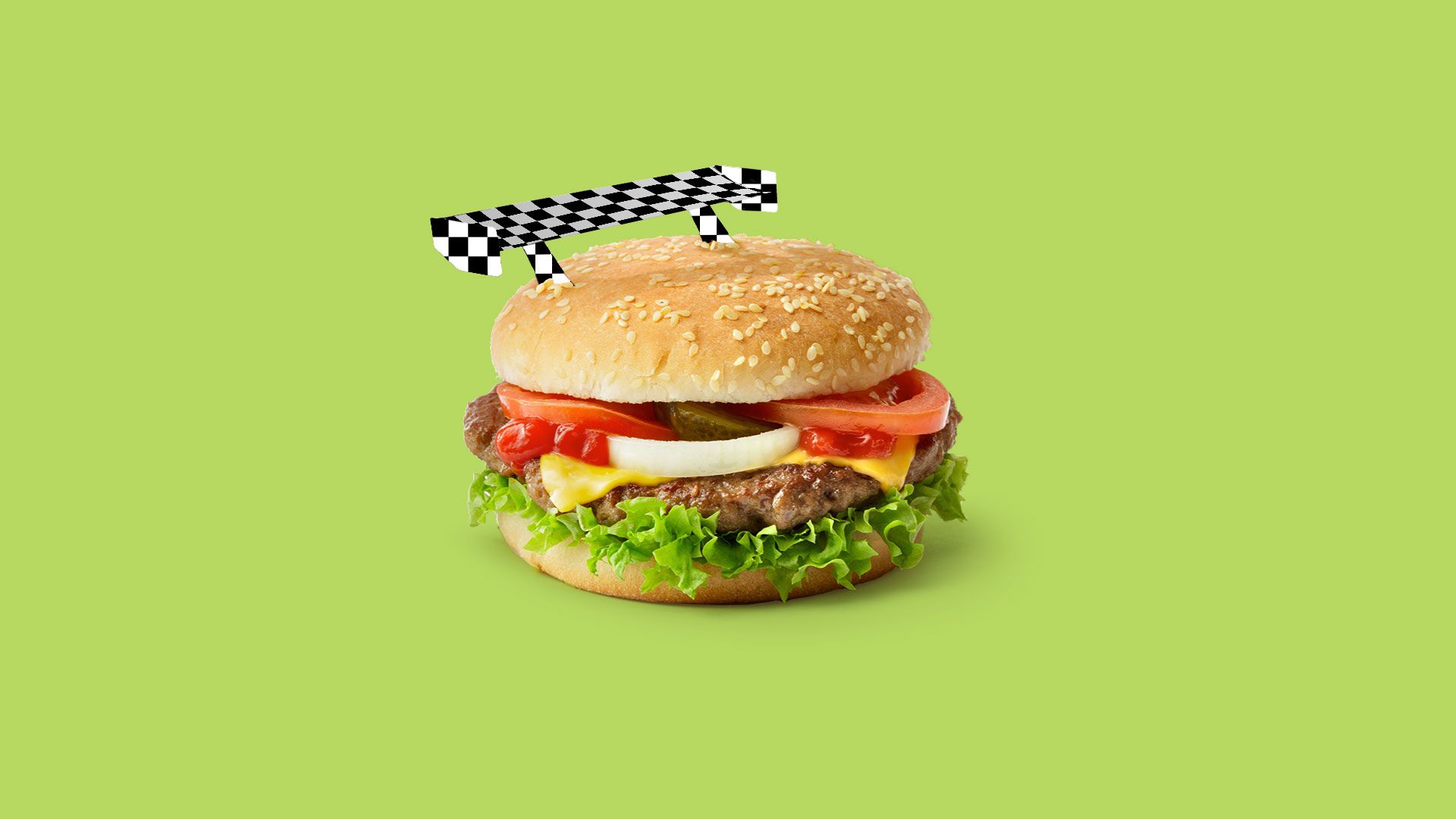 Illustration of a cheeseburger with a checkered spoiler.