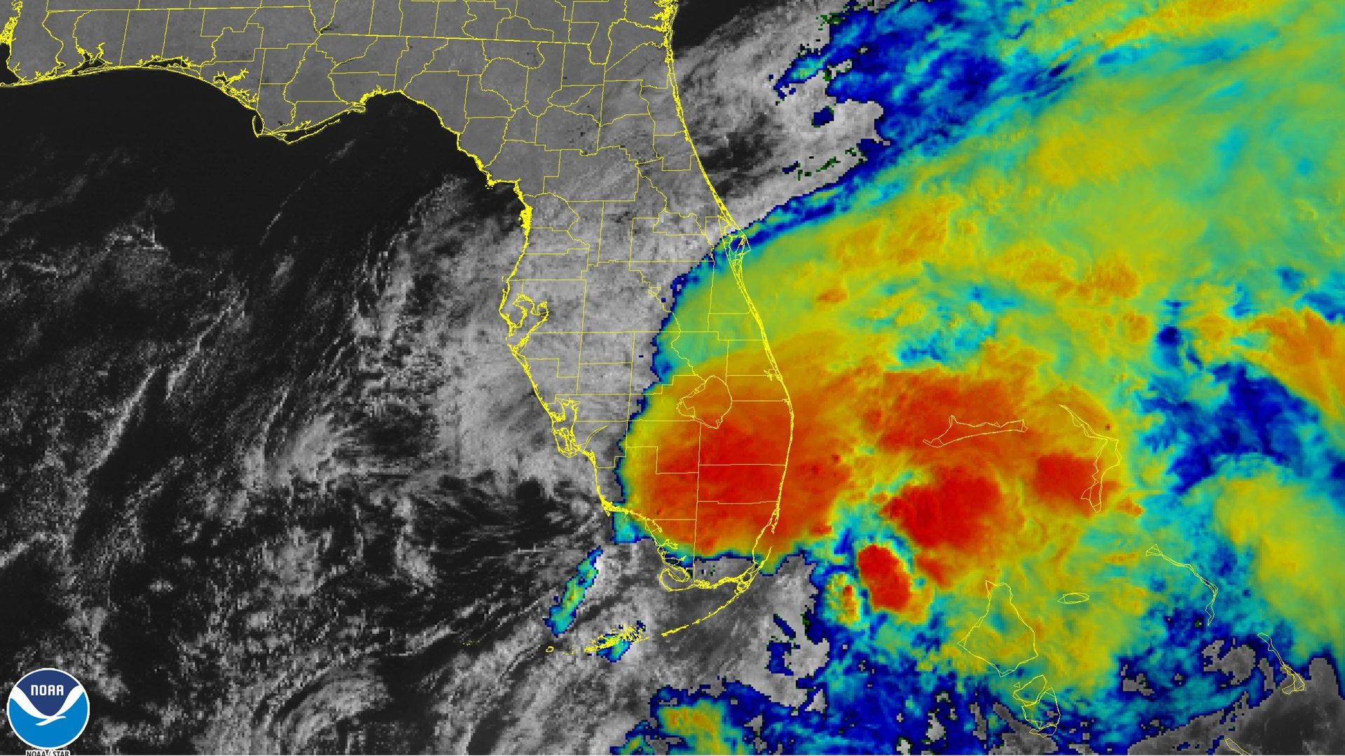 Satellite image of the tropical weather system over Southeast Florida on Saturday.