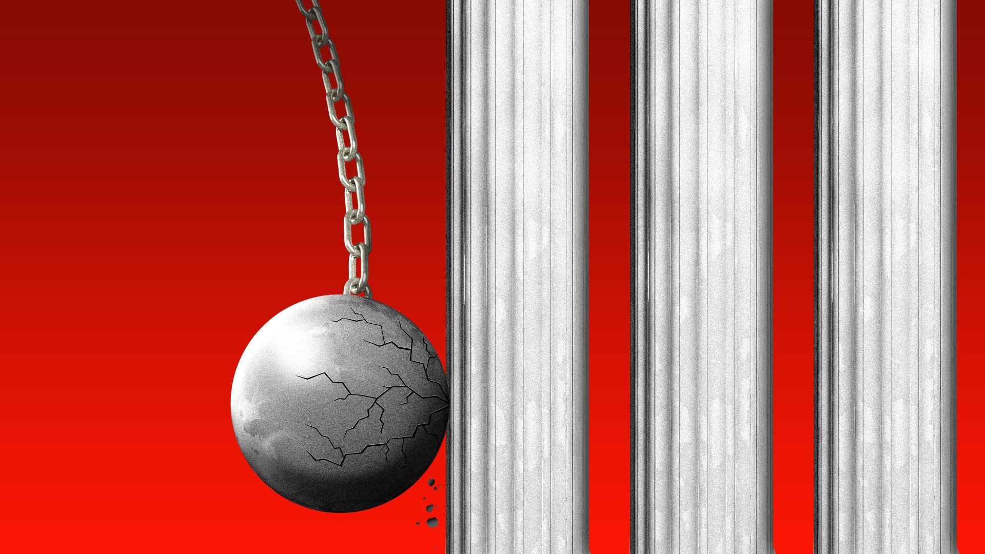 Illustration of a wrecking ball cracking as it hits a line of marble columns