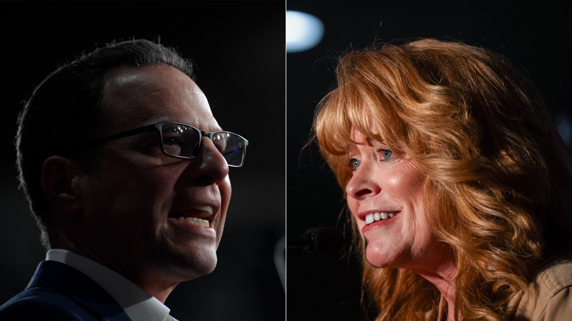 Split image of two speakers on a dark stage: left, a man with dark hair and glasses wearing a suit, smiling; right, a woman with wavy red-blonde hair, smiling near a microphone, in a dimly lit setting.