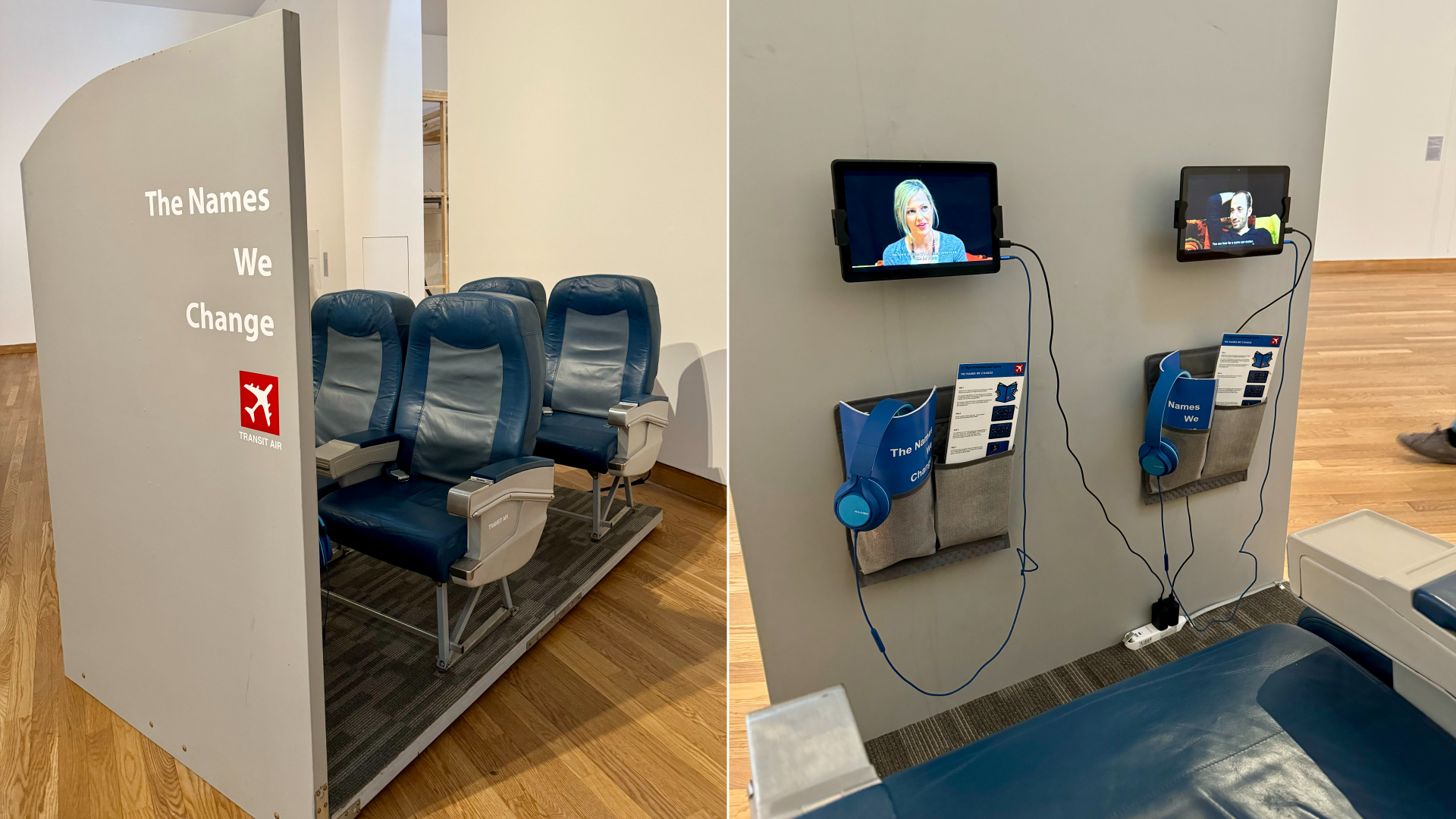 A photo of a replica of airline seats.