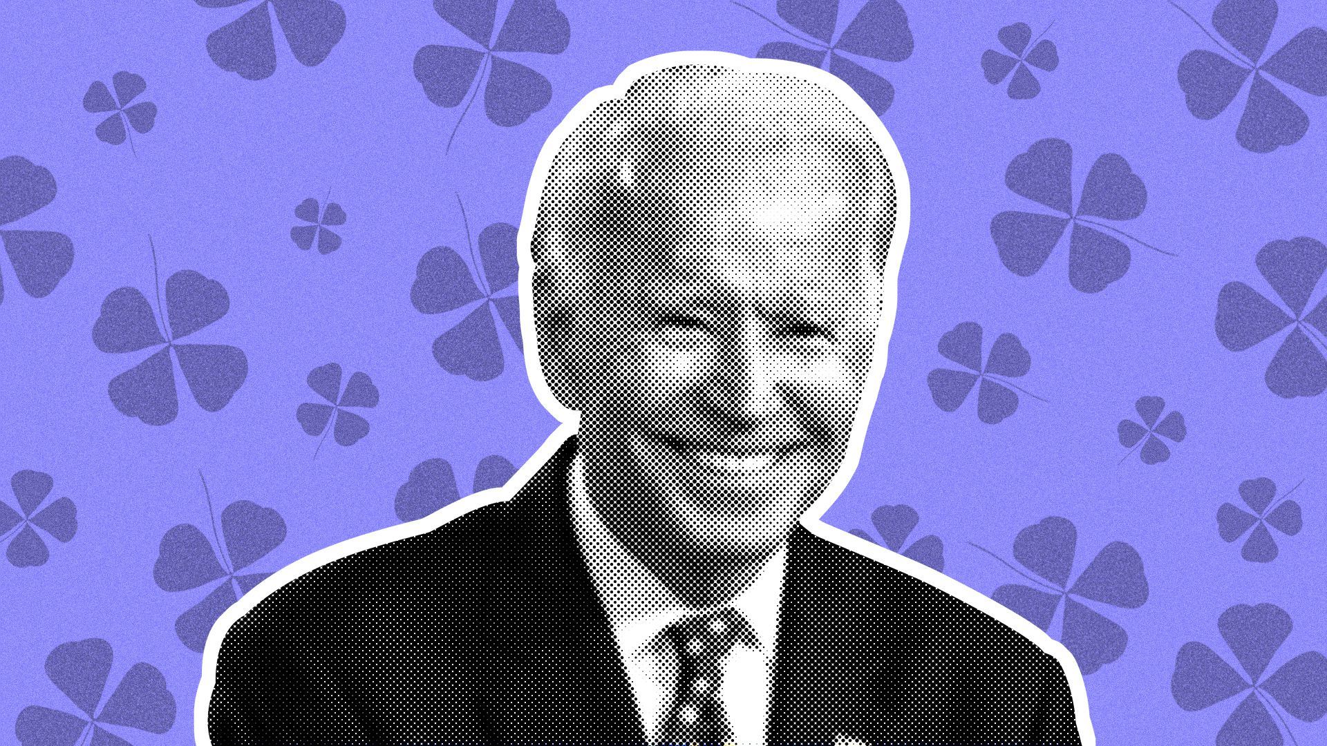 Illustration of Joe Biden on a four-leaf clover background