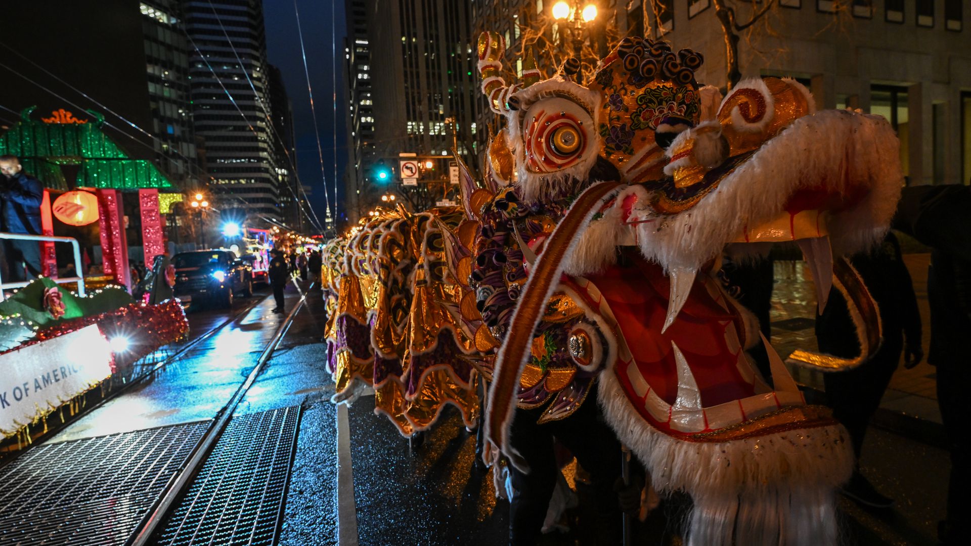 Photo of a Chinese dragon costume standing on San Francisco streets